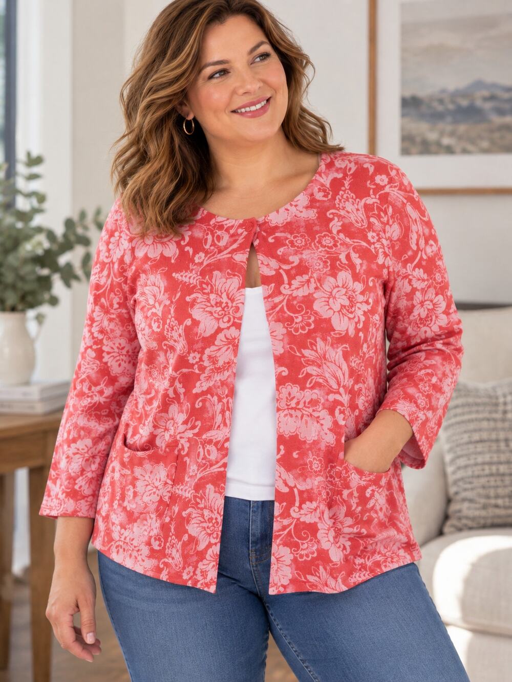 Isaac Mizrahi Live! Plus Size 2X Coral Pink Floral Cardigan Cotton Rayon